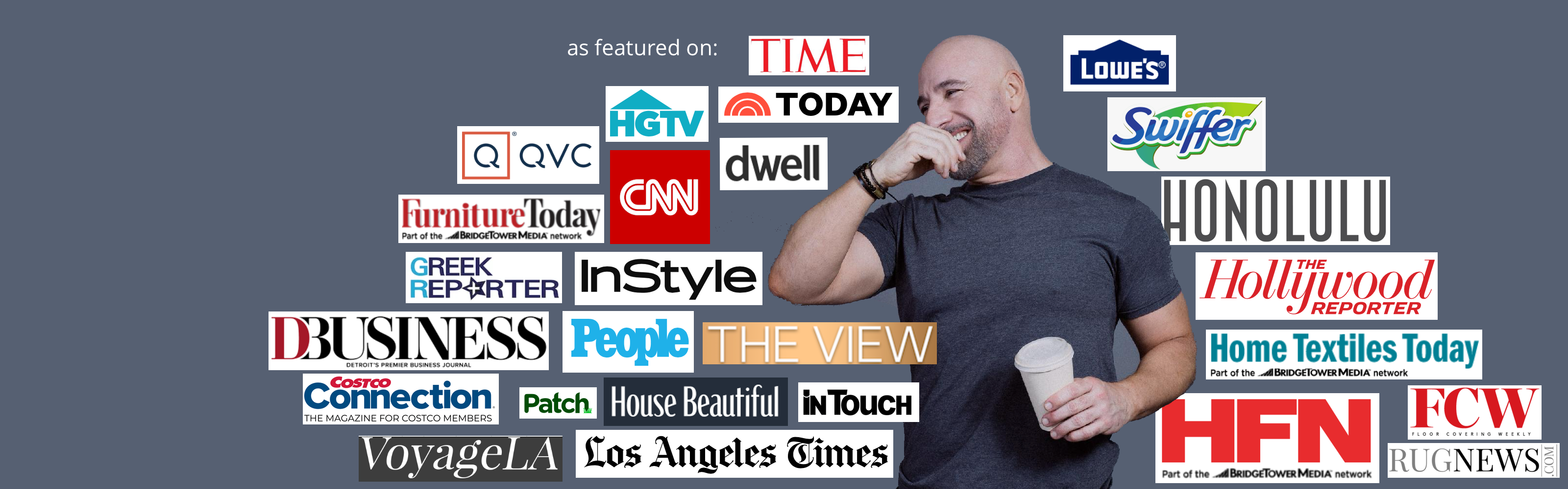 Angelo Surmelis with logos of media outlets that have showcased the angelo:HOME brand and designer Angelo Surmelis