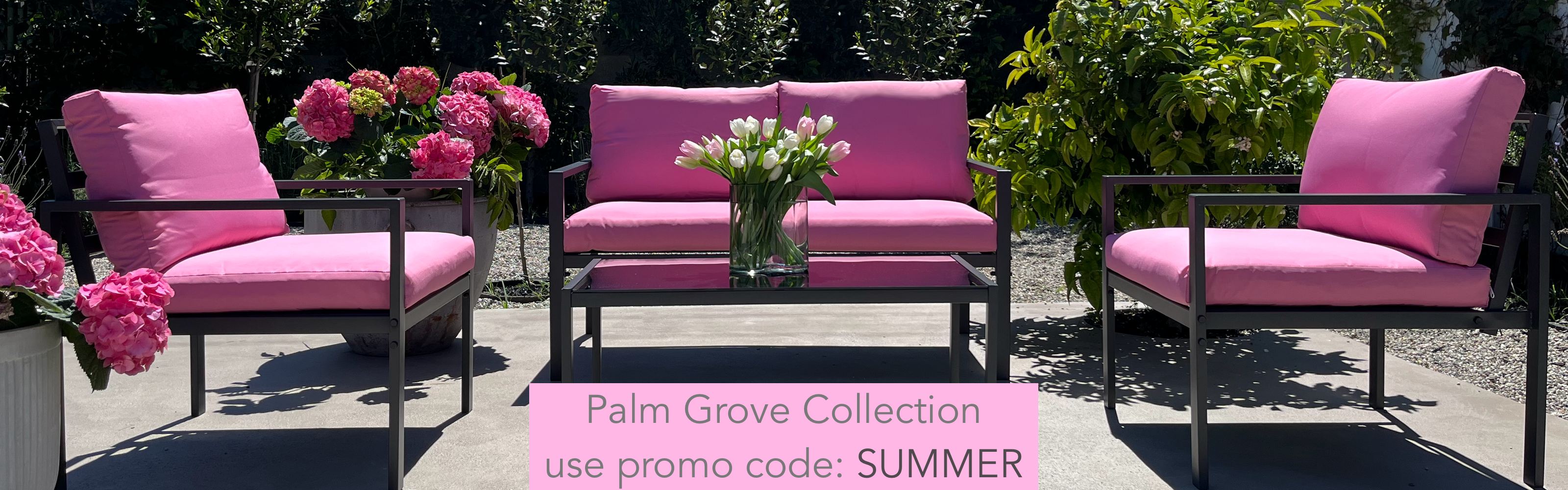 the angelo:HOME Palm Grove Collection shown outside with a promo code: SUMMER