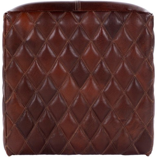 Front view of a brown leather ottoman with diamond quilting.